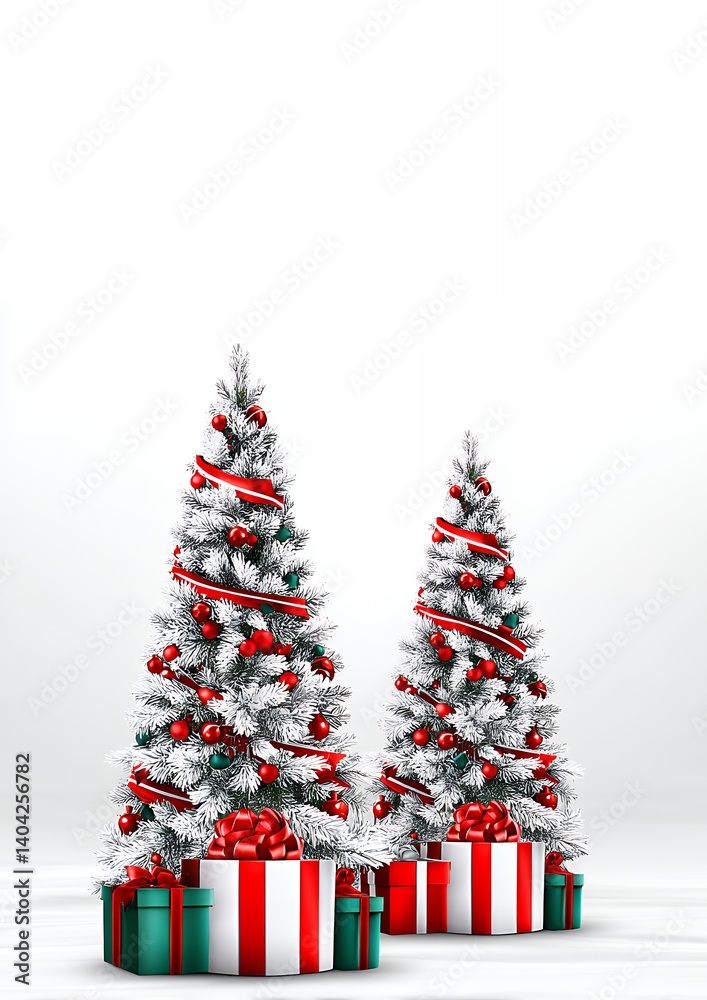 Two Snowy Artificial Christmas Trees with Red and Green Gifts Two Snowy Artificial Christmas Trees with Red and Green Gifts