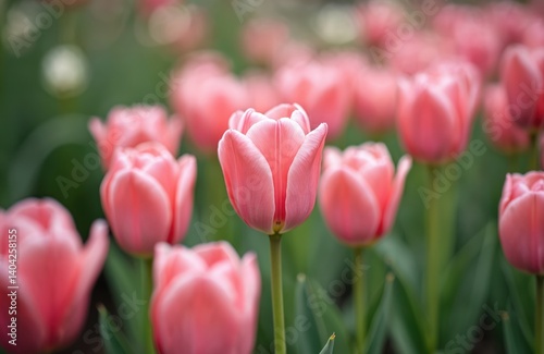 Pink tulips bloom in garden in spring. Close-up view of vibrant flowers on green background, soft focus. Ideal for nature, romantic, spring concepts. Represents beauty, love, holidays, season of