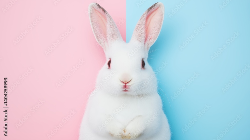 Fototapeta premium Isolated White Bunny on Pink and Blue Half Background with Copy Space for Text. Minimalistic Design