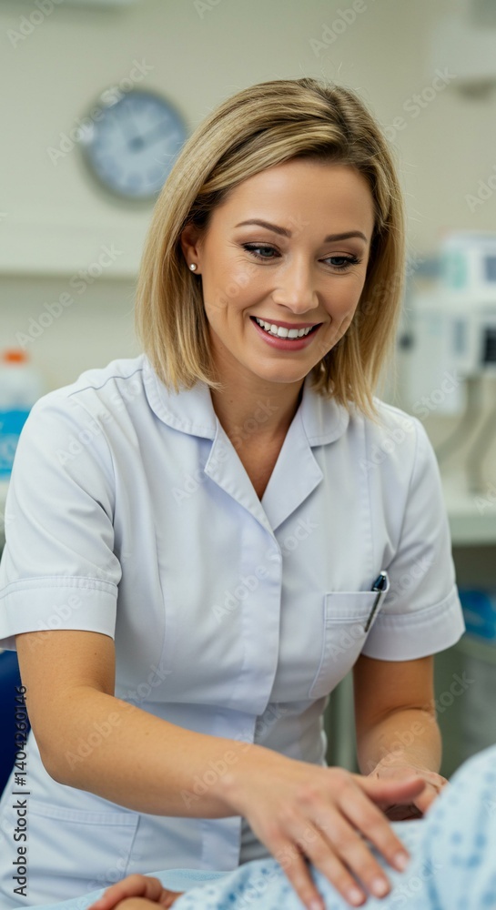 Obraz premium Friendly nurse tending to a patient in hospital setting.