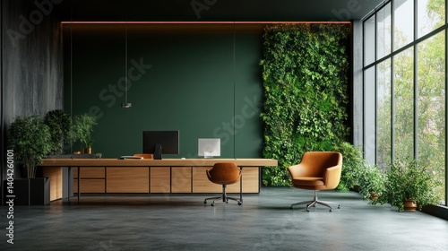 Biophilic office space design featuring a vibrant living wall and modern aesthetics