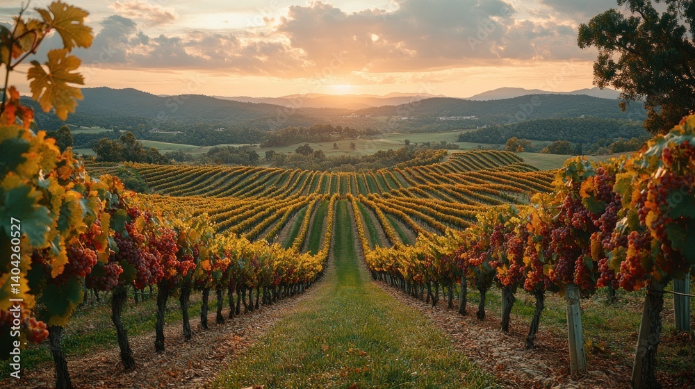 Naklejka premium Autumn vineyard rows at sunset, scenic landscape