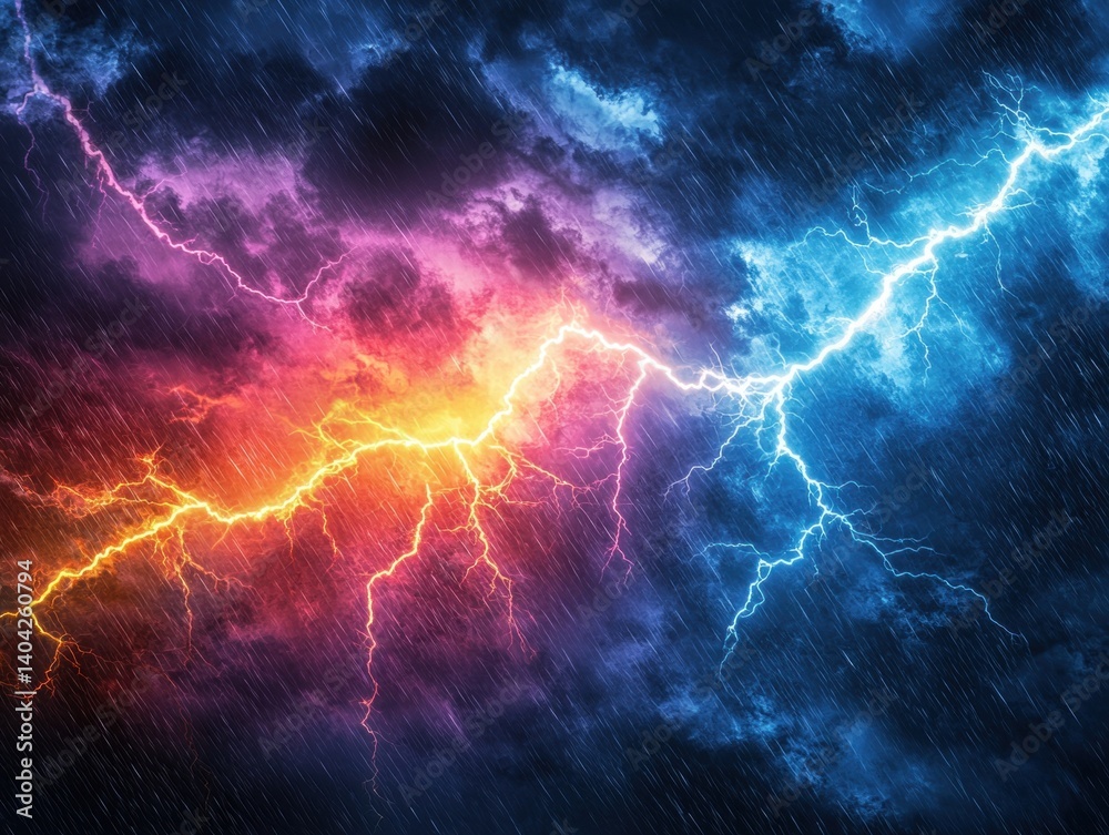 A vibrant, dramatic sky filled with colorful lightning and heavy rain, showcasing the power and beauty of a thunderstorm. A vibrant, dramatic sky filled with colorful lightning and heavy rain, showcasing the power and beauty of a thunderstorm.