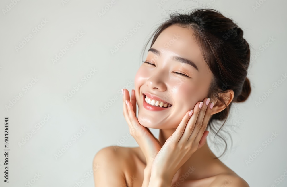Smiling Asian woman touches soft cheek with closed eyes. Clean skin, fresh complexion. Happiness, cheerful, positive emotion on face. Beauty, cosmetics concept, spa. Smiling Asian woman touches soft cheek with closed eyes. Clean skin, fresh complexion. Happiness, cheerful, positive emotion on face. Beauty, cosmetics concept, spa.