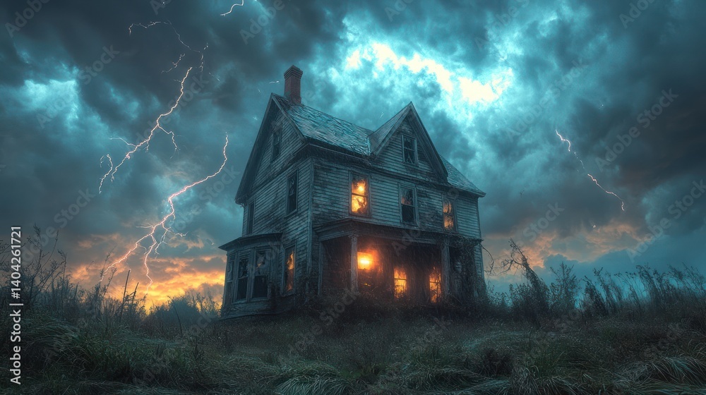 Eerie dwelling enveloped by tempestuous skies with dramatic lightning strikes Eerie dwelling enveloped by tempestuous skies with dramatic lightning strikes