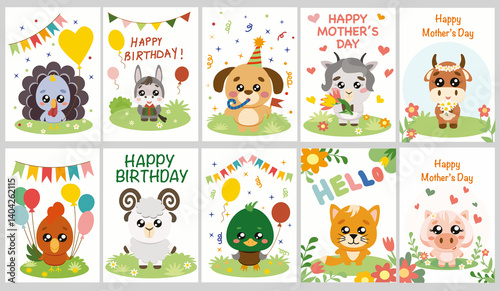 Cute Farm Animals Greeting Cards Set