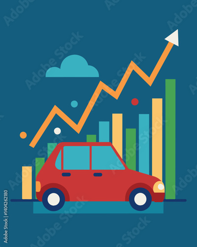 A car stuck in a traffic jam made up of rising and falling charts depicting how market volatility can affect the flow of investments.. Vector illustration
