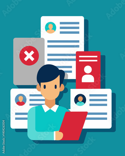A lineup of rejected loan applications stamped with declined due to a poor credit score adding to the stress and worry of a person.. Vector illustration