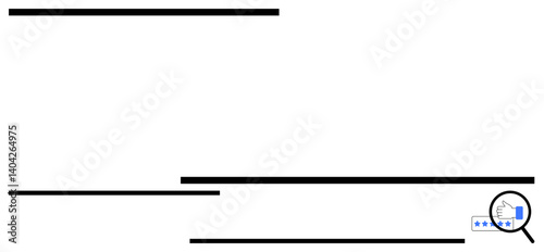 Magnifying glass inspecting lines of text, emphasizing editing details. Ideal for proofreading, search, focus, clarity, scrutiny, optimization precision. Represents flat simple metaphor