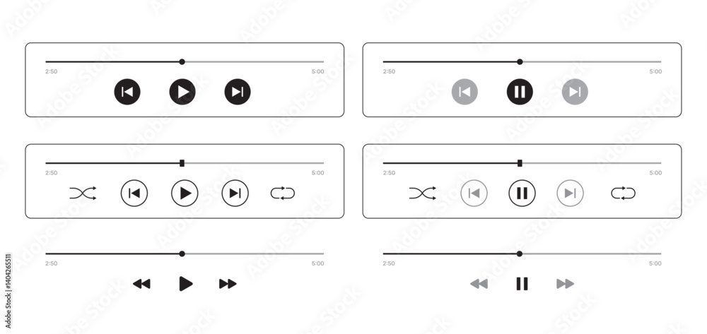 Black and white media player control icons set vector with transparent PNG background, minimalist audio interface UI buttons including play pause stop skip repeat shuffle symbols, flat outline playbar Black and white media player control icons set vector with transparent PNG background, minimalist audio interface UI buttons including play pause stop skip repeat shuffle symbols, flat outline playbar