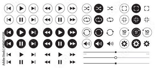 set of Black and white media control icons vector with transparent PNG background, multimedia interface buttons including play pause rewind skip forward settings volume sliders shuffle loop 