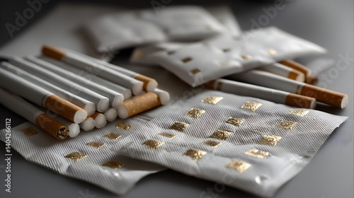 A close-up shot reveals several packs of cigarettes and pouches of nicotine pouches scattered on a gray surface.