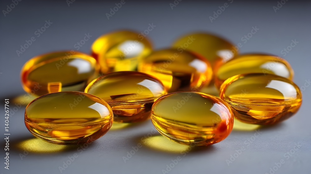 A close-up shot reveals a pile of shiny golden yellow softgel capsules against a neutral gray background. A close-up shot reveals a pile of shiny golden yellow softgel capsules against a neutral gray background.