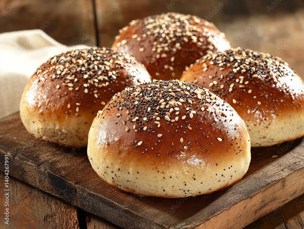 Freshly Baked Oat Rolls on Rustic Wooden Board Freshly Baked Oat Rolls on Rustic Wooden Board