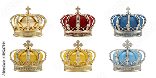 Royal Crowns Collection: A diverse set of six regal crowns, each with intricate details and vibrant colors, symbolize power, heritage, and majesty.