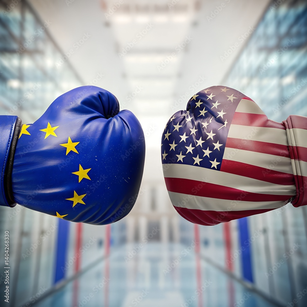Boxing Gloves with European Union and United States Flags Facing Off in Symbolic Confrontation of Political or Economic Competition on a Modern Background