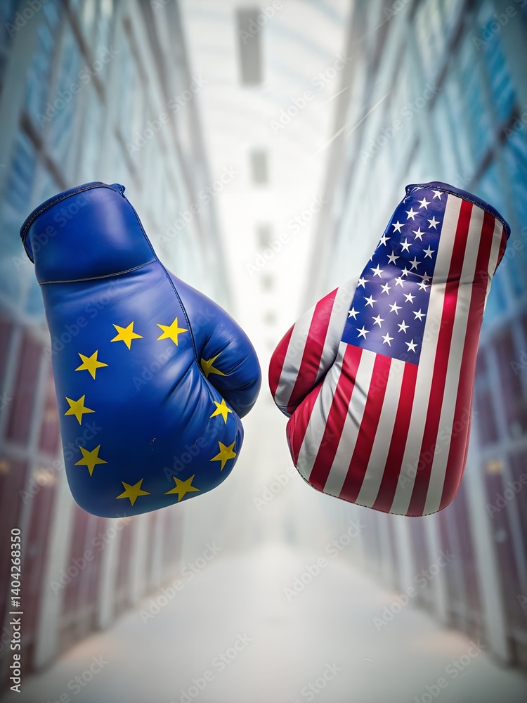 Boxing Gloves with European Union and United States Flags Facing Off in Symbolic Confrontation of Political or Economic Competition on a Modern Background