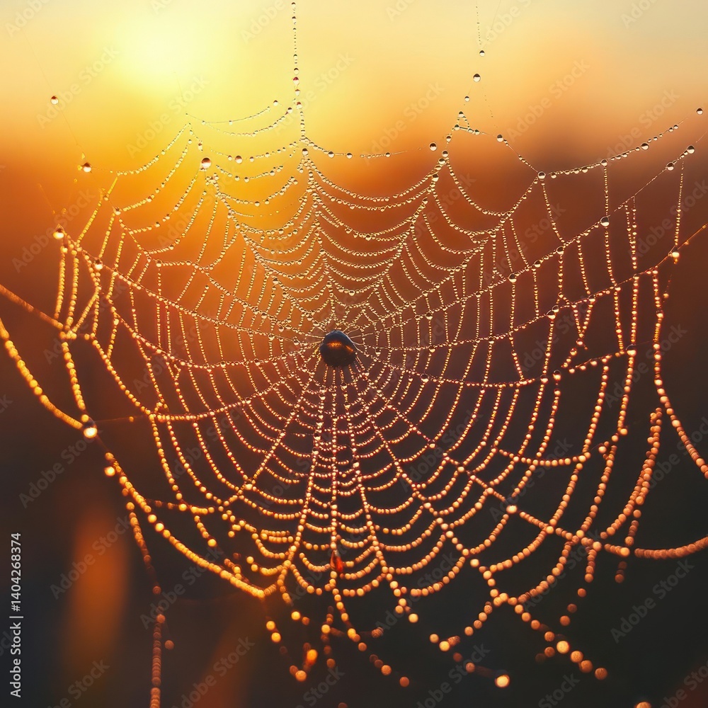 Naklejka premium Dew-kissed spiderweb at sunrise