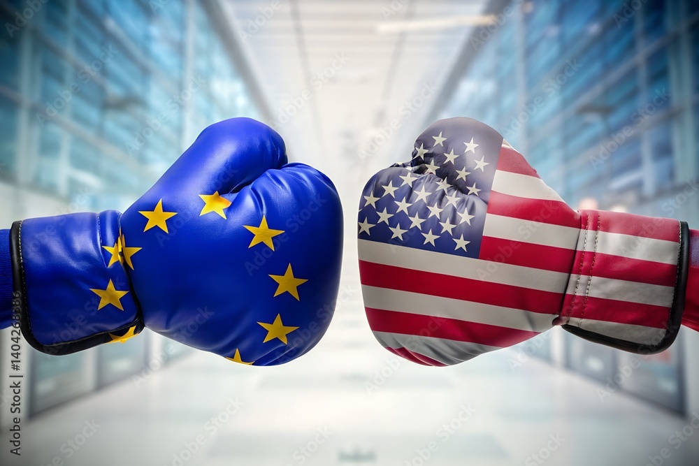 Boxing Gloves with European Union and United States Flags Facing Off in Symbolic Confrontation of Political or Economic Competition on a Modern Background