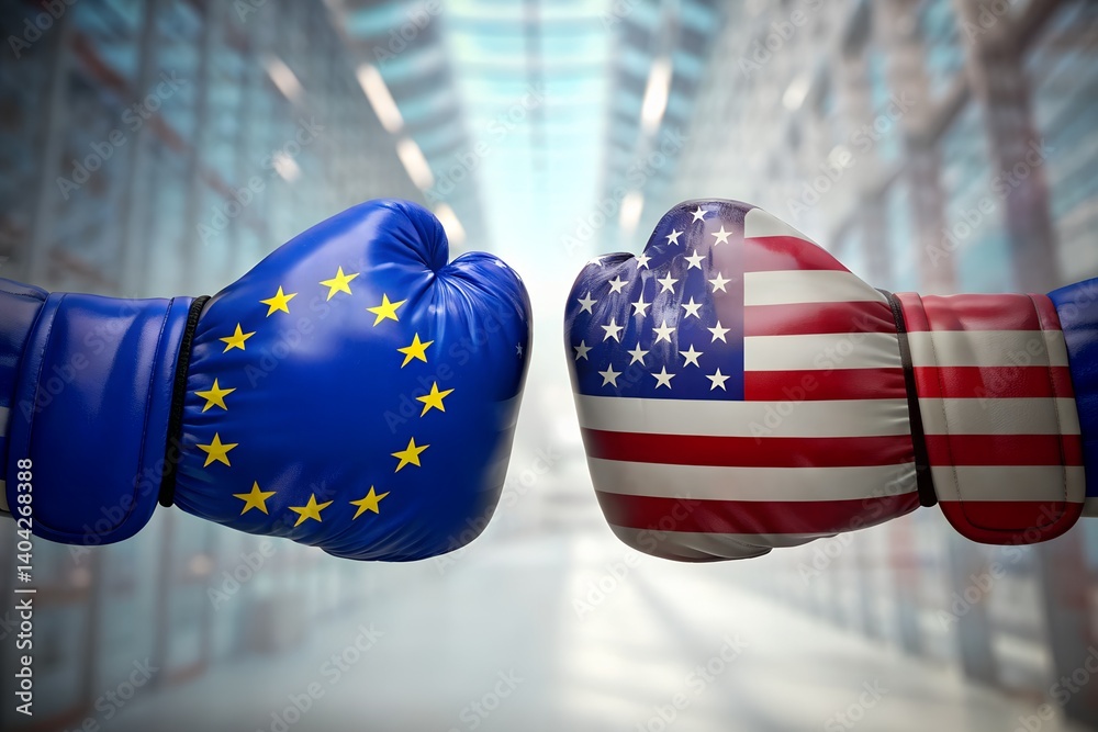 Boxing Gloves with European Union and United States Flags Facing Off in Symbolic Confrontation of Political or Economic Competition on a Modern Background