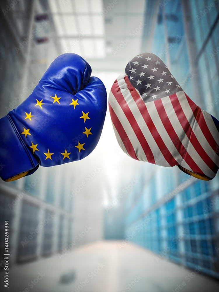Boxing Gloves with European Union and United States Flags Facing Off in Symbolic Confrontation of Political or Economic Competition on a Modern Background