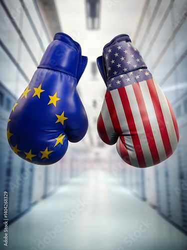Obraz na płótnie Boxing Gloves with European Union and United States Flags Facing Off in Symbolic Confrontation of Political or Economic Competition on a Modern Background w salonie