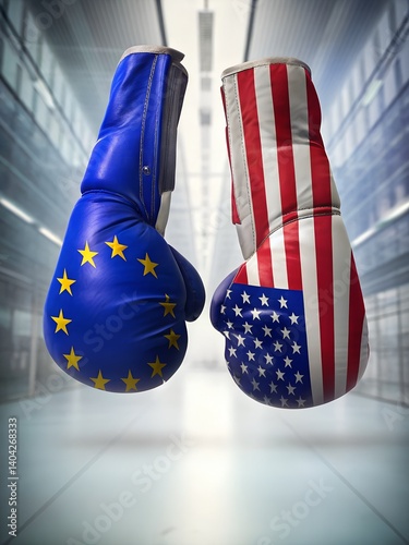 Obraz na płótnie Boxing Gloves with European Union and United States Flags Facing Off in Symbolic Confrontation of Political or Economic Competition on a Modern Background w salonie