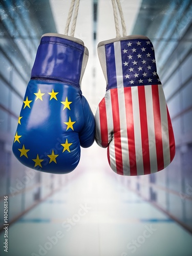 Boxing Gloves with European Union and United States Flags Facing Off in Symbolic Confrontation of Political or Economic Competition on a Modern Background