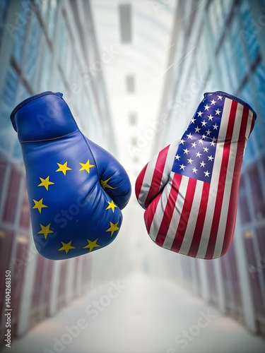 Obraz na płótnie Boxing Gloves with European Union and United States Flags Facing Off in Symbolic Confrontation of Political or Economic Competition on a Modern Background w salonie