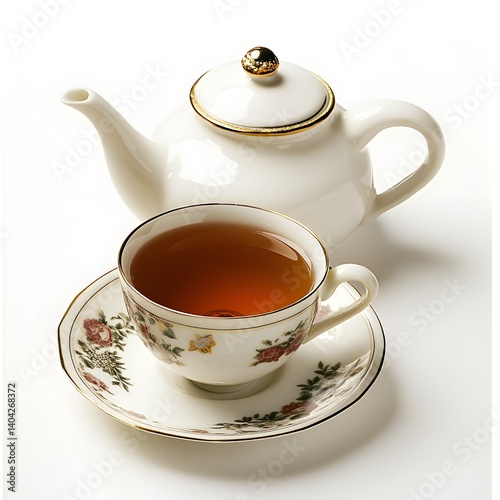 A traditional English breakfast tea in a porcelain teacup, with a teapot and saucer, placed on a clean  white background.