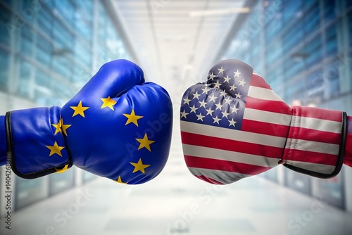 Obraz na płótnie Boxing Gloves with European Union and United States Flags Facing Off in Symbolic Confrontation of Political or Economic Competition on a Modern Background w salonie