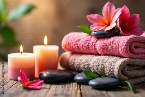 Collection of bath and body care items, candles, towels, stones, wellness, candle