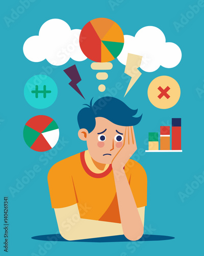 A constant stream of worried thoughts racing through the mind of someone struggling to understand why their credit score is declining.. Vector illustration