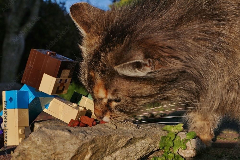 Fototapeta premium LEGO Minecraft large figure of main character Steve feeding tabby long hair crossbreed young female cat on flat stone. Sunlit by spring daylight sunshine. 