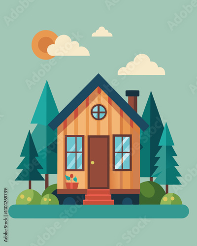 A cozy and efficient tiny house offering a unique and ecofriendly option for a family downsizing to a smaller and more sustainable home.. Vector illustration