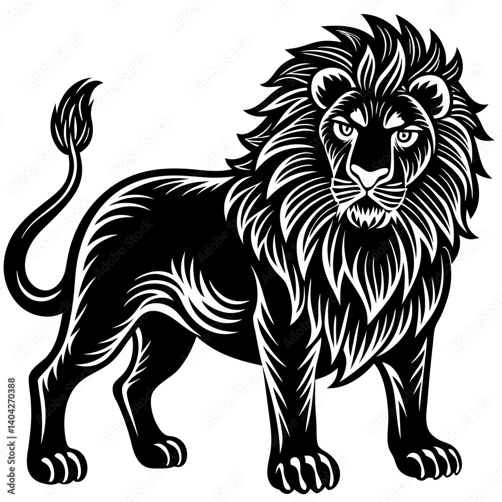 A lion linocut white background silhouette vector style A lion linocut white background silhouette vector style