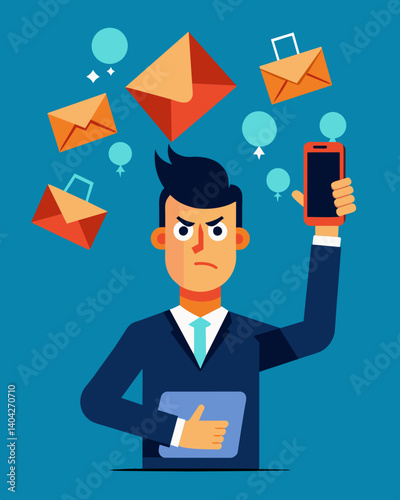A debtor is bombarded with threatening texts and emails each one increasing in intensity and aggression.. Vector illustration