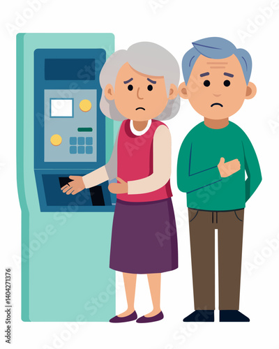 A elderly couple looks confused and lost as they stand in front of the ATM realizing they wont be able to withdraw any money for their day out.. Vector illustration