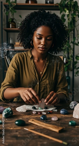 Young black woman sets up a spiritual altar on a rustic table, arranging crystals and being surrounded by incense smoke. In the background, a bookshelf with books, mystical decoration and plants, crea