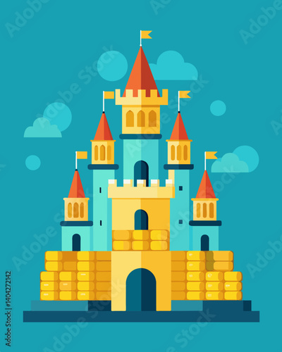 A castle made of shining coins representing the security and stability of a healthy savings account.. Vector illustration