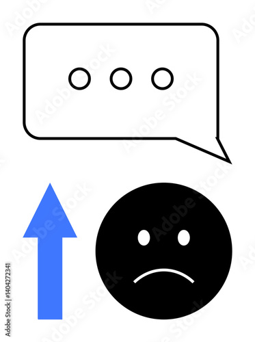 Sad face beside speech bubble with ellipses and an upward blue arrow. Ideal for communication, emotional growth, improvement, encouragement, leadership, therapy, motivation. Flat simple metaphor