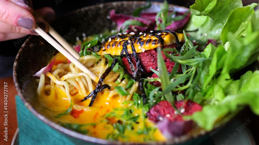 Creamy vegan ramen soup is garnished with grilled corn, nori seaweed, red beet, fresh herbs, and chili oil, a woman uses chopsticks to pick up noodles from the bowl