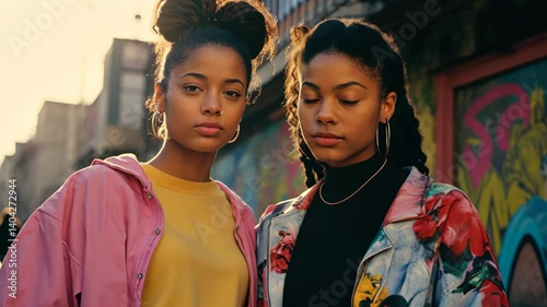 Back to the '90s Positive vibes: Two friends, Afro-American Stylish girls.