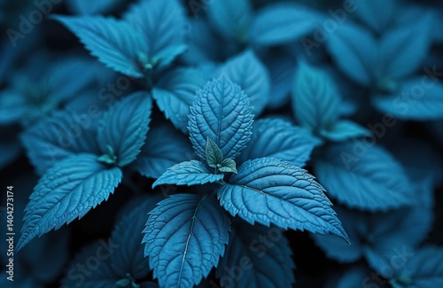Close-up of blue leaves in garden. Classic blue Pantone color palette. Nature background for design. Dark background, botany, flora with artistic artistic style.