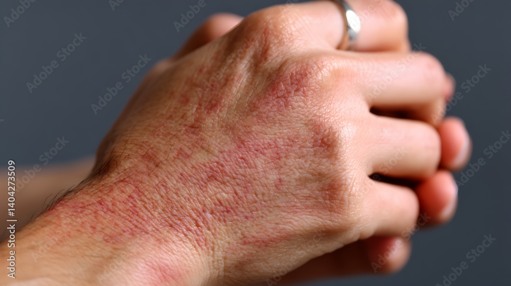 Naklejka premium A close-up shows a person's hand with severe red rash and irritated skin exhibiting symptoms of a possible allergic reaction or dermatitis.