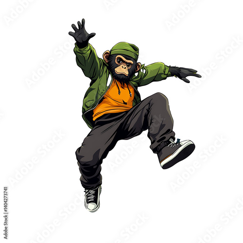 Breakdancing spider monkey in hip-hop outfit
