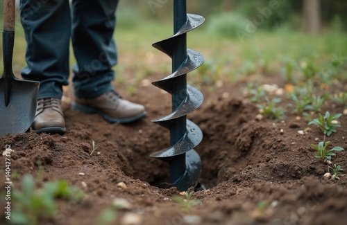 Man drills hole earth ground. Auger digs well hole. Construction worker prepares site. Groundwork activity, geo exploration. Geothermal energy project. Bore, prepare foundation, dig pit. New well for