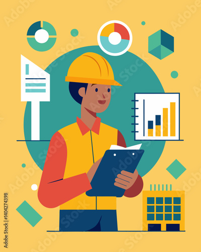 A construction worker examining building plans and projections to determine the future demand for housing.. Vector illustration