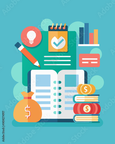 A guidebook or resource on creating a budget and ways to save money for longterm financial preparedness.. Vector illustration