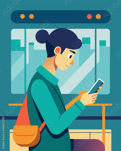 A busy individual checking their budget on their phone while waiting for the subway.. Vector illustration